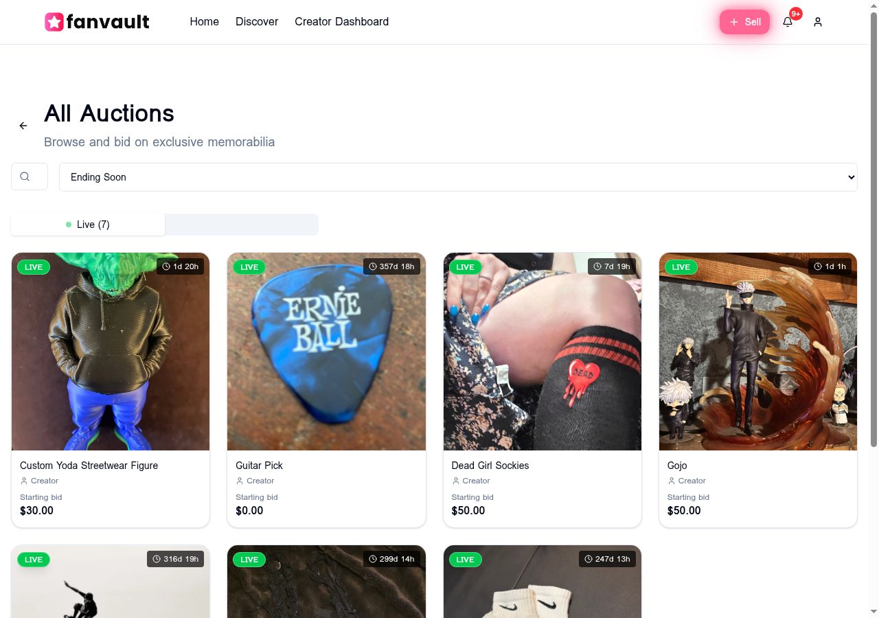 FanVault All Auctions page showing live items with countdowns and starting bids