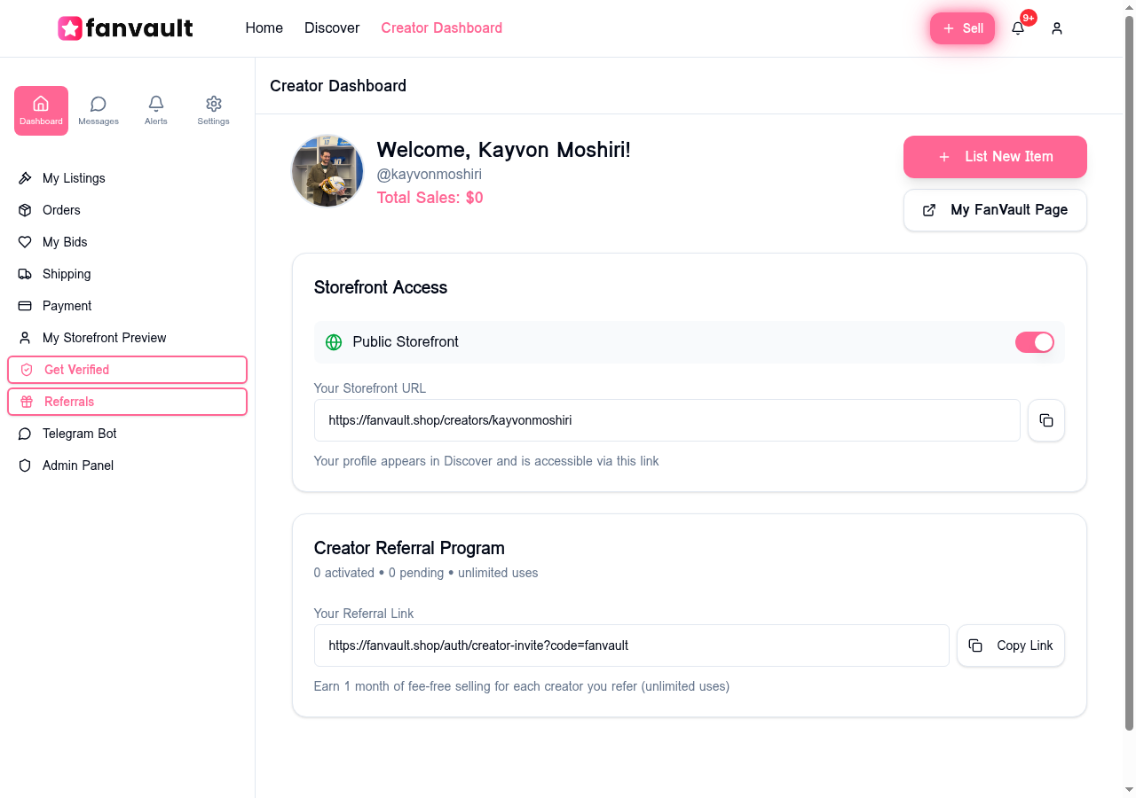 FanVault Creator Dashboard showing storefront access and referral program