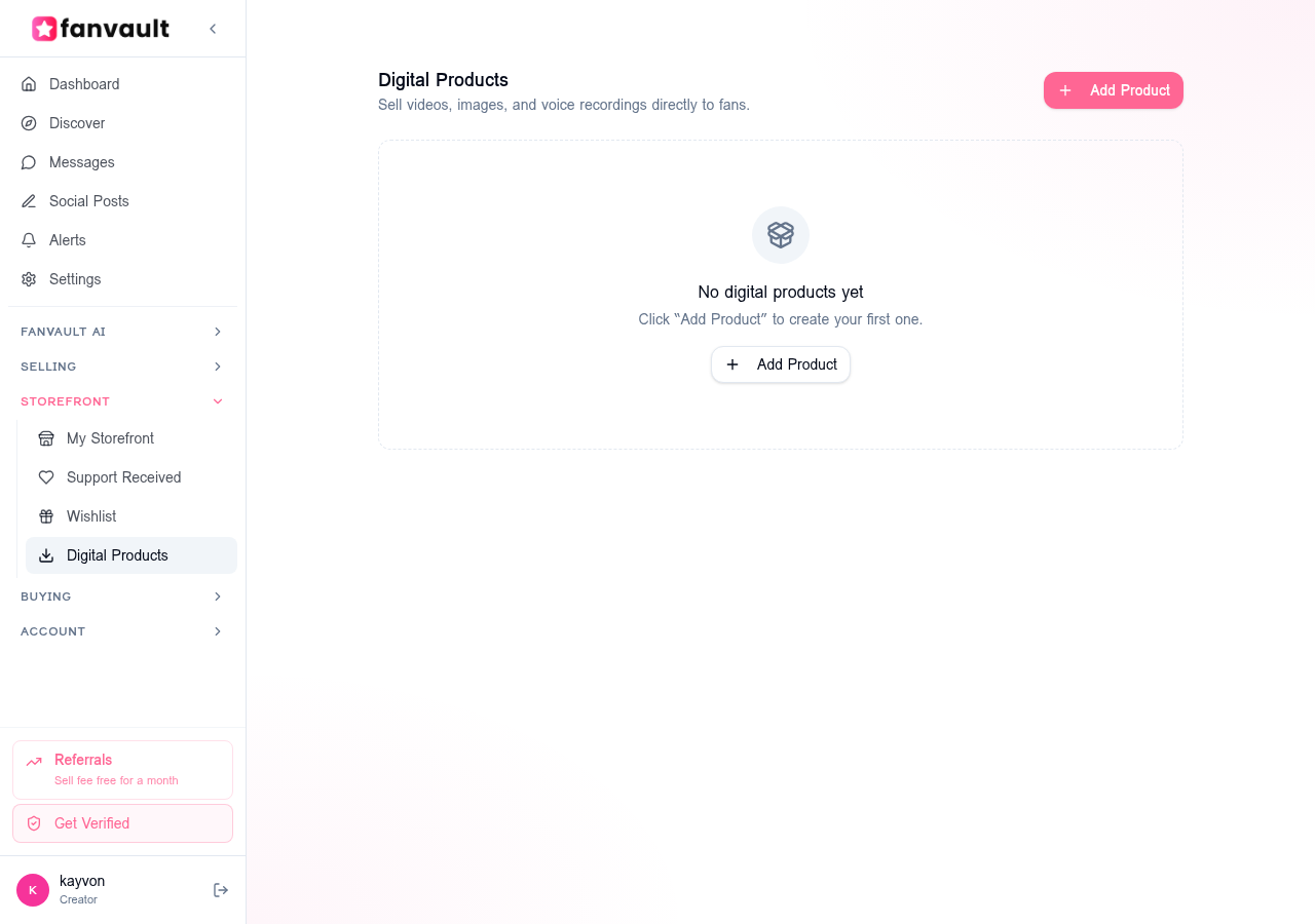 Fanvault Digital Products dashboard showing the empty state with Add Product button