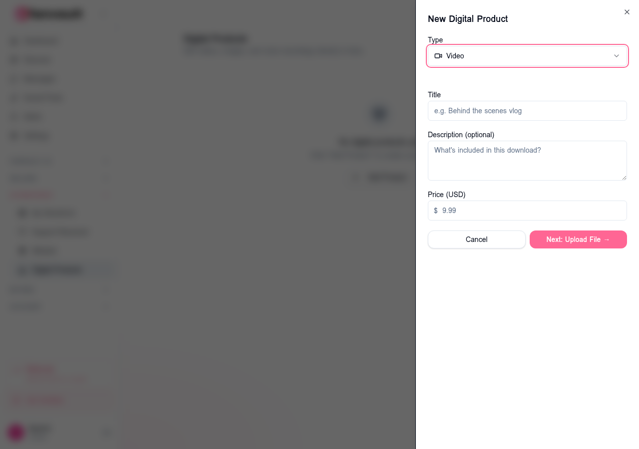 New Digital Product form showing Type, Title, Description, and Price fields