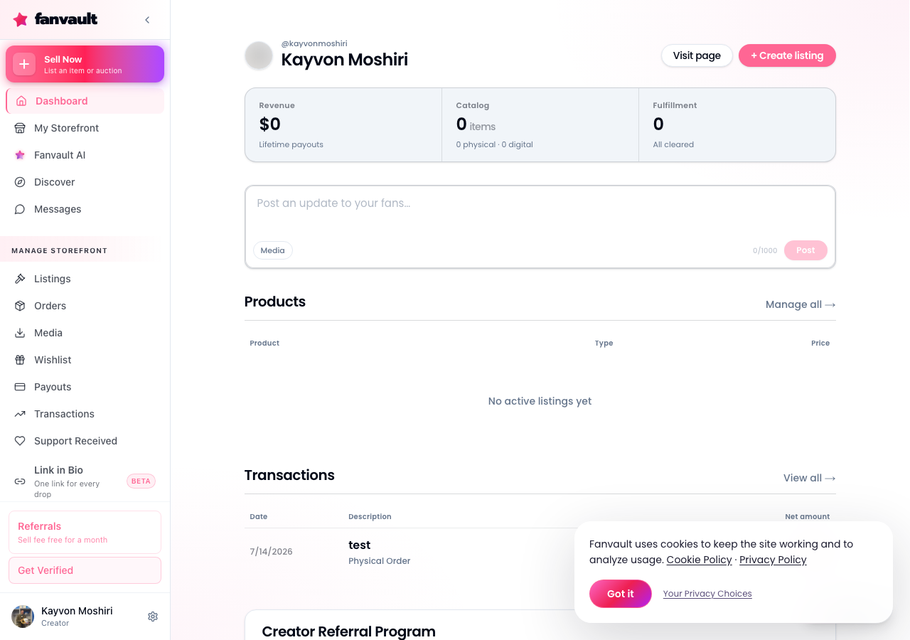 Fanvault Tip and wishlist notes, overview screen