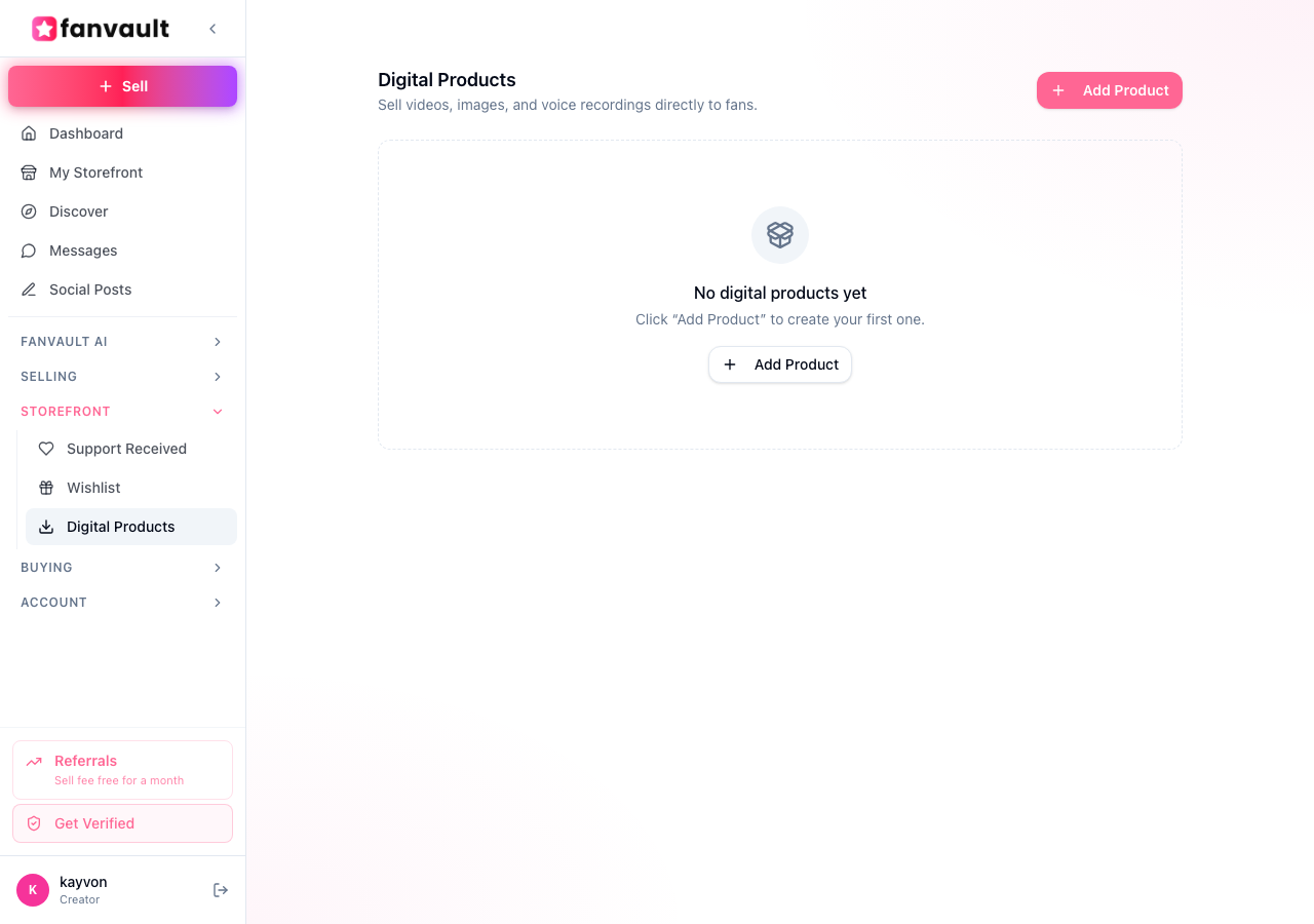 Fanvault Digital Products Storefront — digital products screen