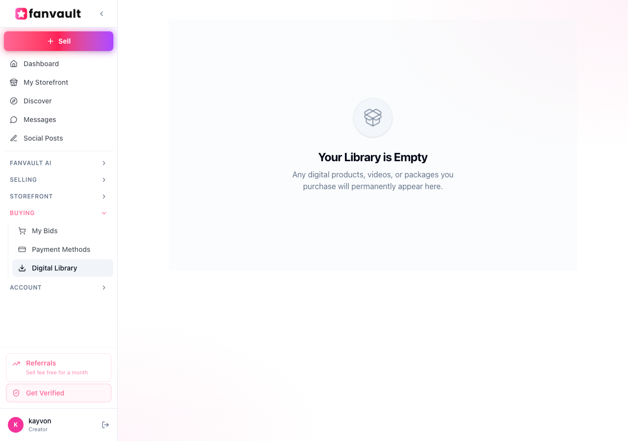 Fanvault Digital Products Storefront — library screen