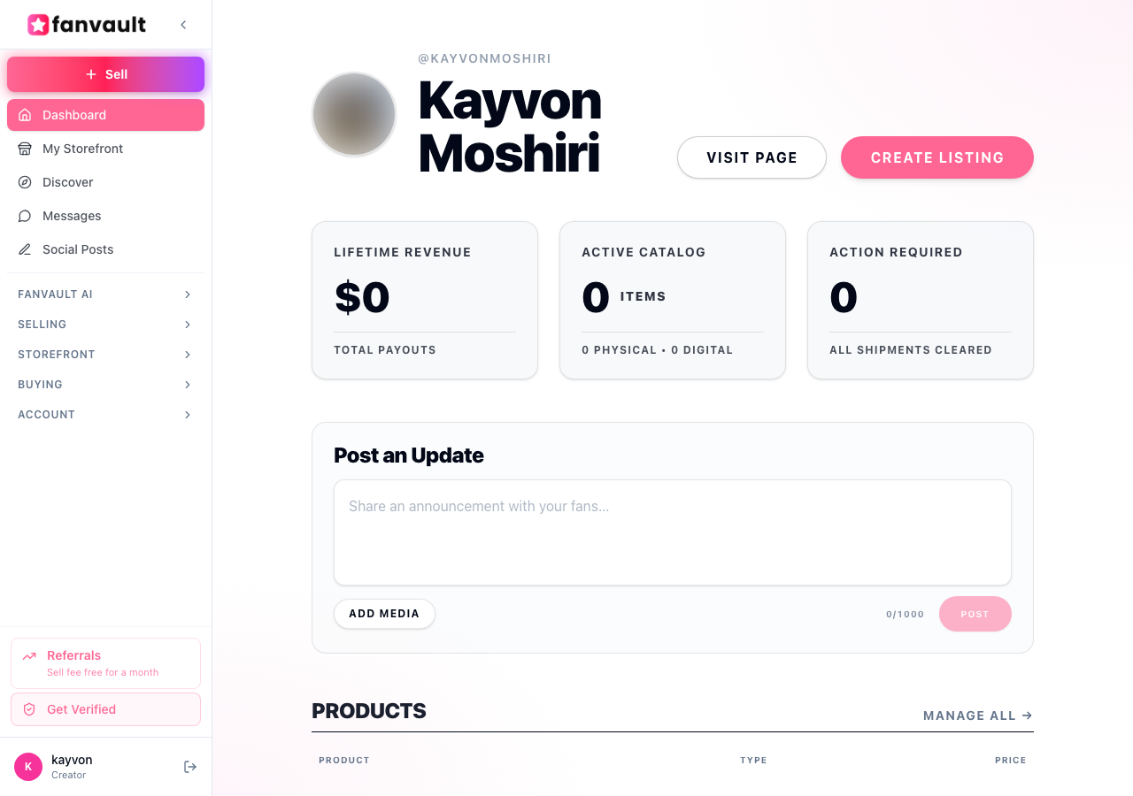 Fanvault Digital Products Storefront — overview screen