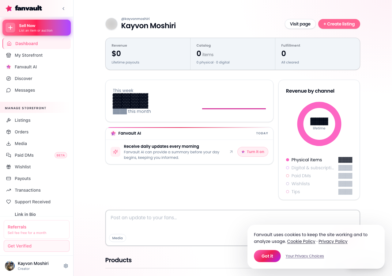 Fanvault Paid DMs, overview screen
