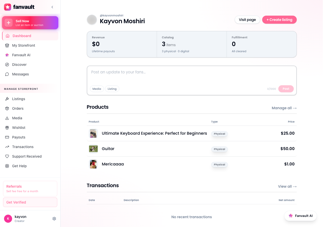Fanvault Payouts Dashboard, overview screen