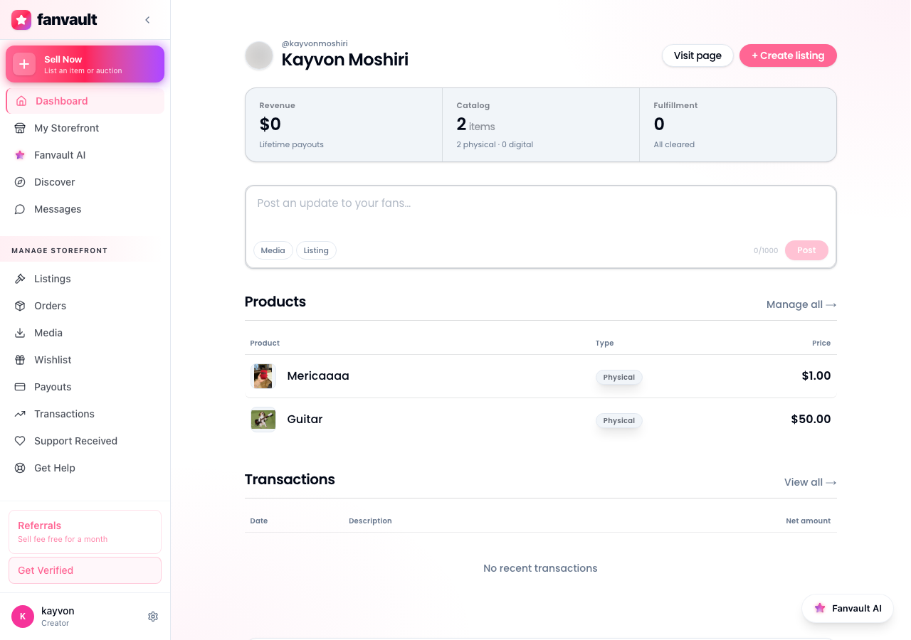 Fanvault Creator Payouts Hub: overview screen