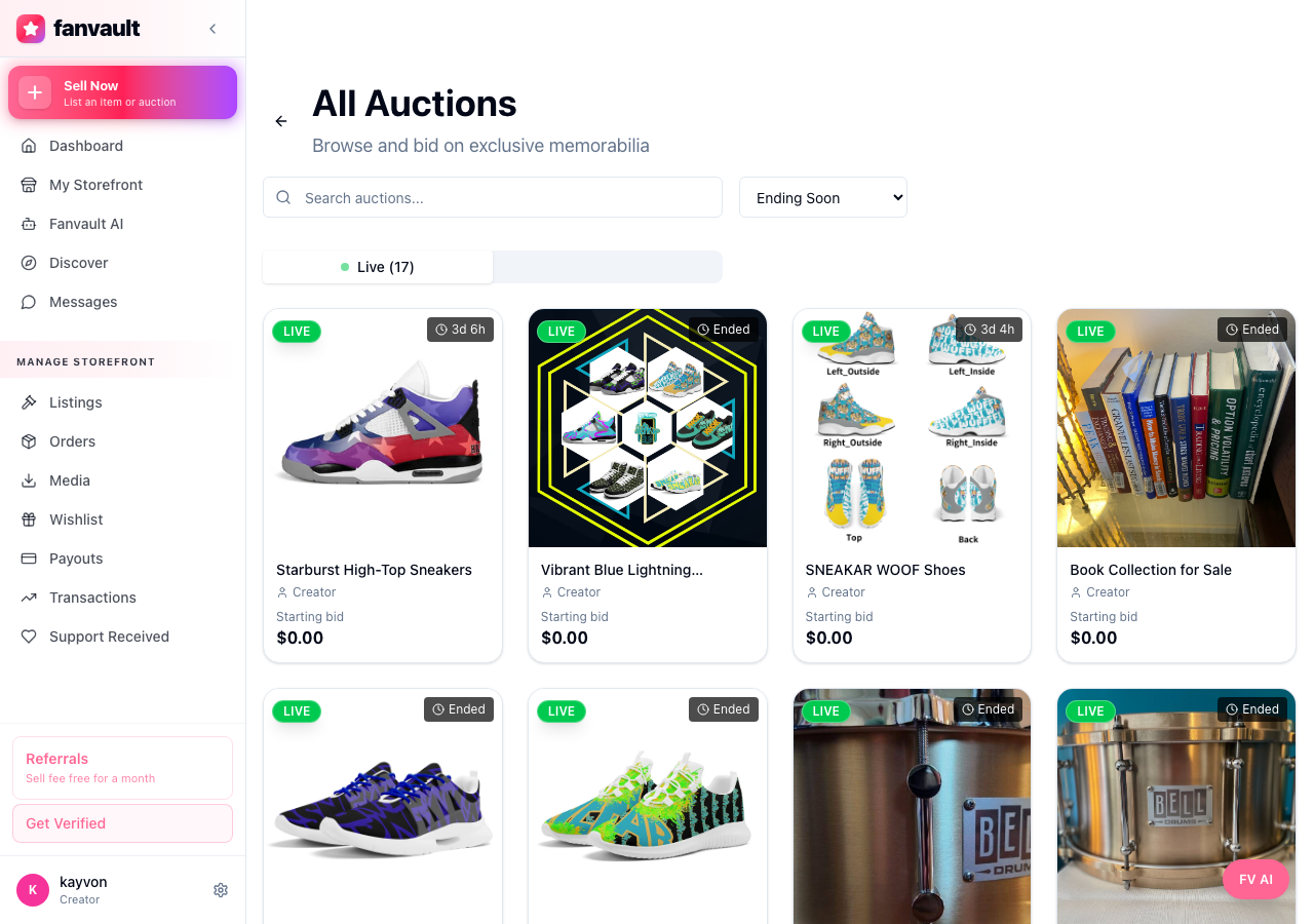 Fanvault AI side panel, auctions screen