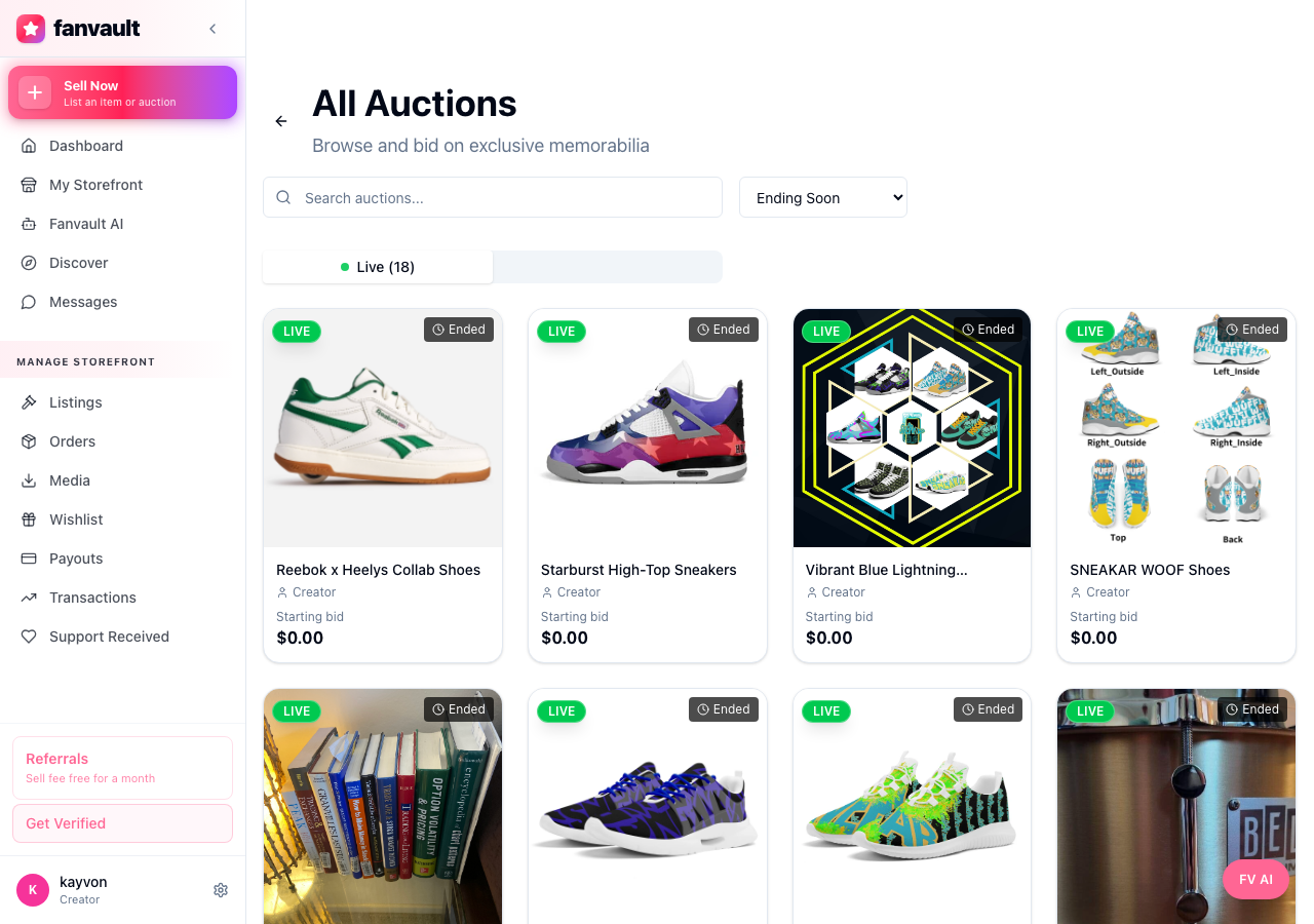 Fanvault Fanvault AI Side Panel, auctions screen
