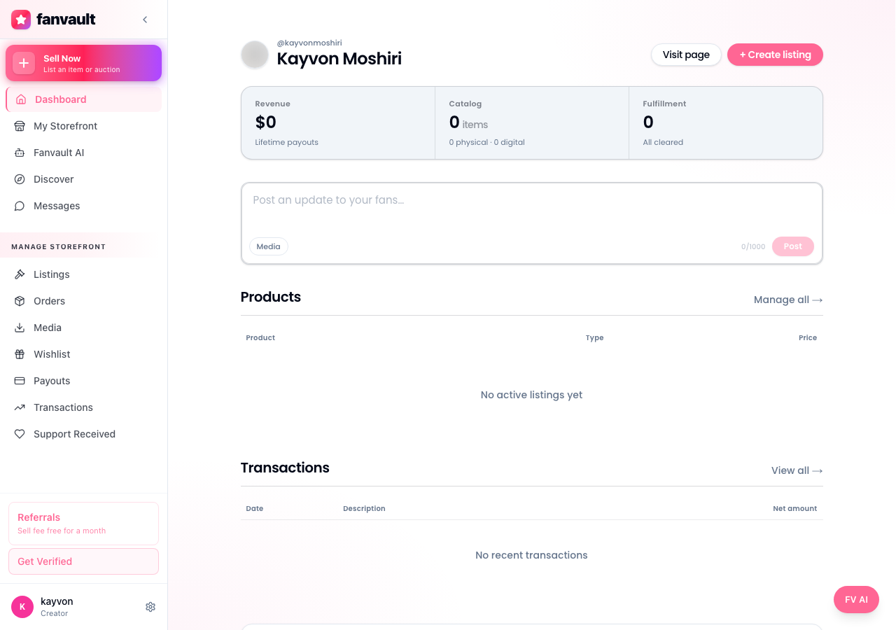 Fanvault Fanvault AI Side Panel, overview screen