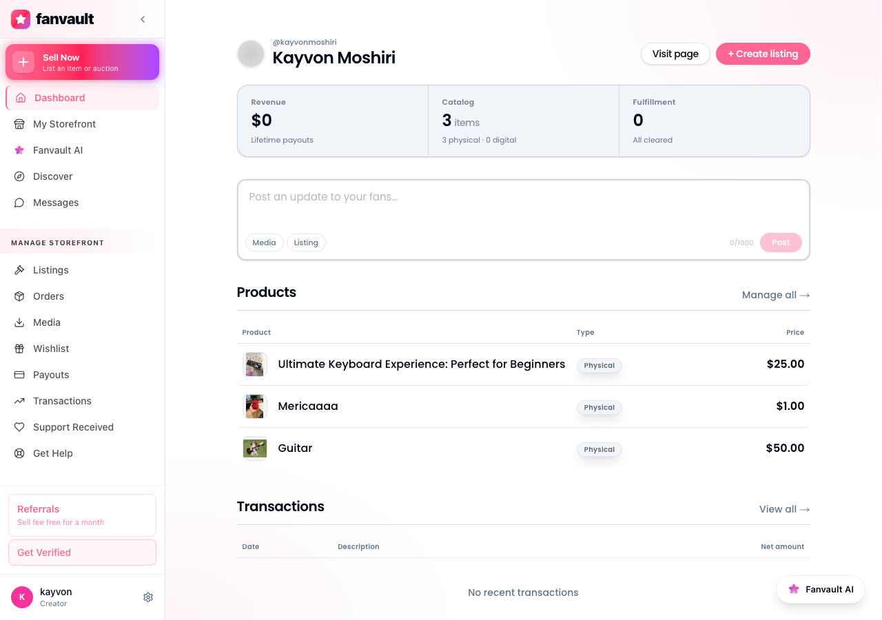 Fanvault Fanvault AI Side Panel, overview screen