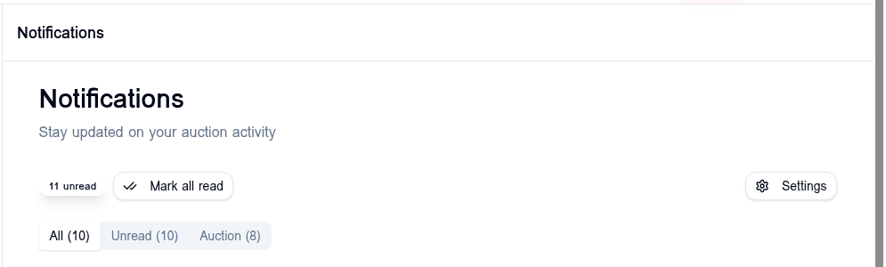 FanVault Notifications page showing unread alerts with All, Unread, and Auction tabs