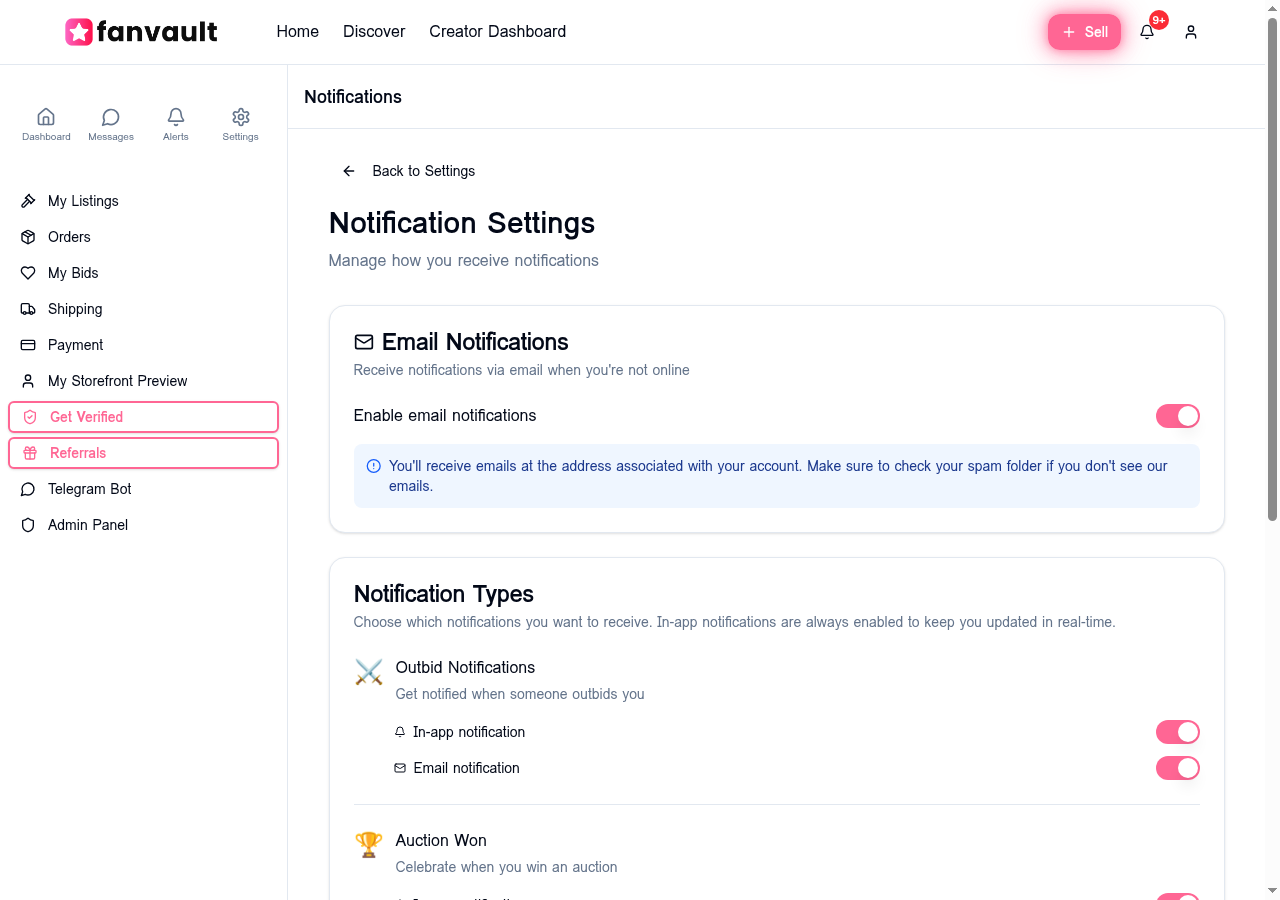 FanVault Notification Settings page showing email notifications toggle and notification type options