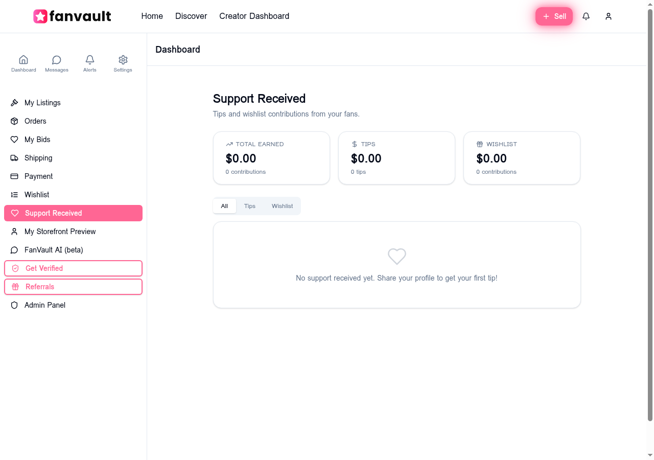 FanVault Support Received dashboard showing total earned, tips, and wishlist summary cards