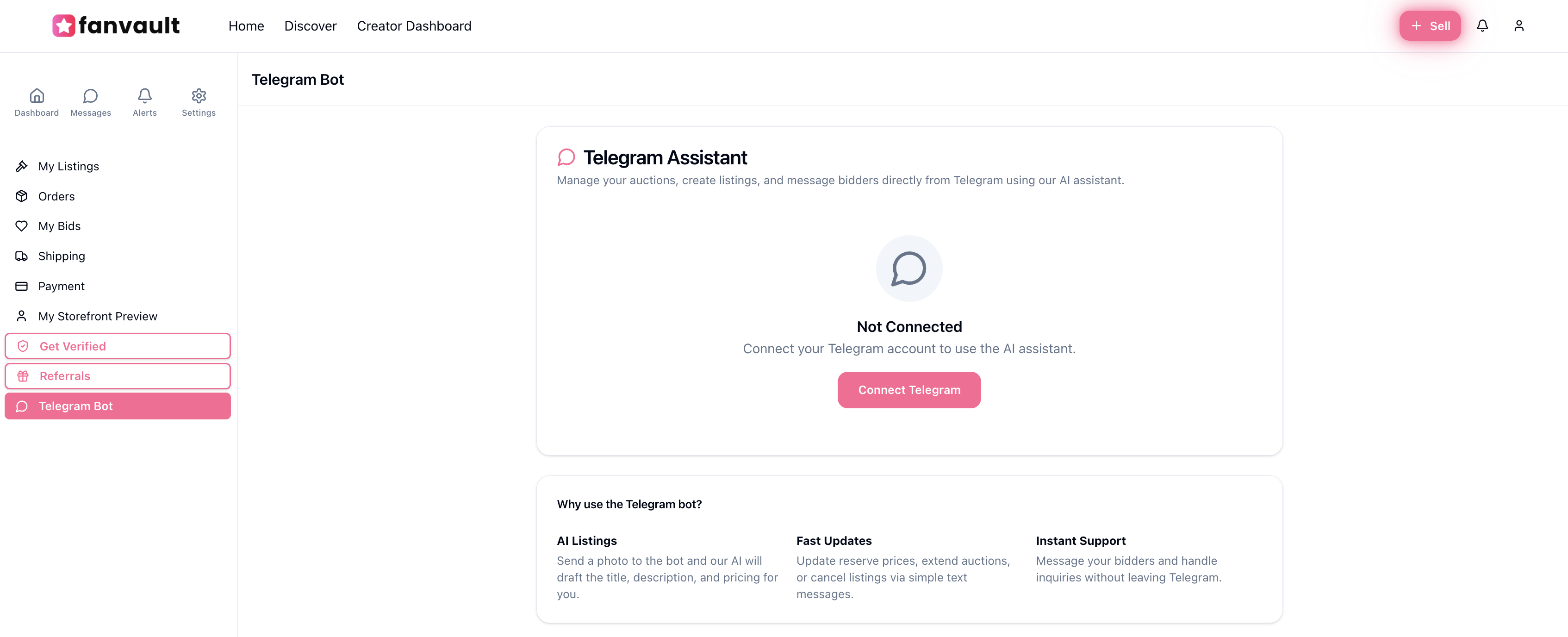 FanVault Creator Dashboard showing Telegram Bot not connected state with Connect Telegram button
