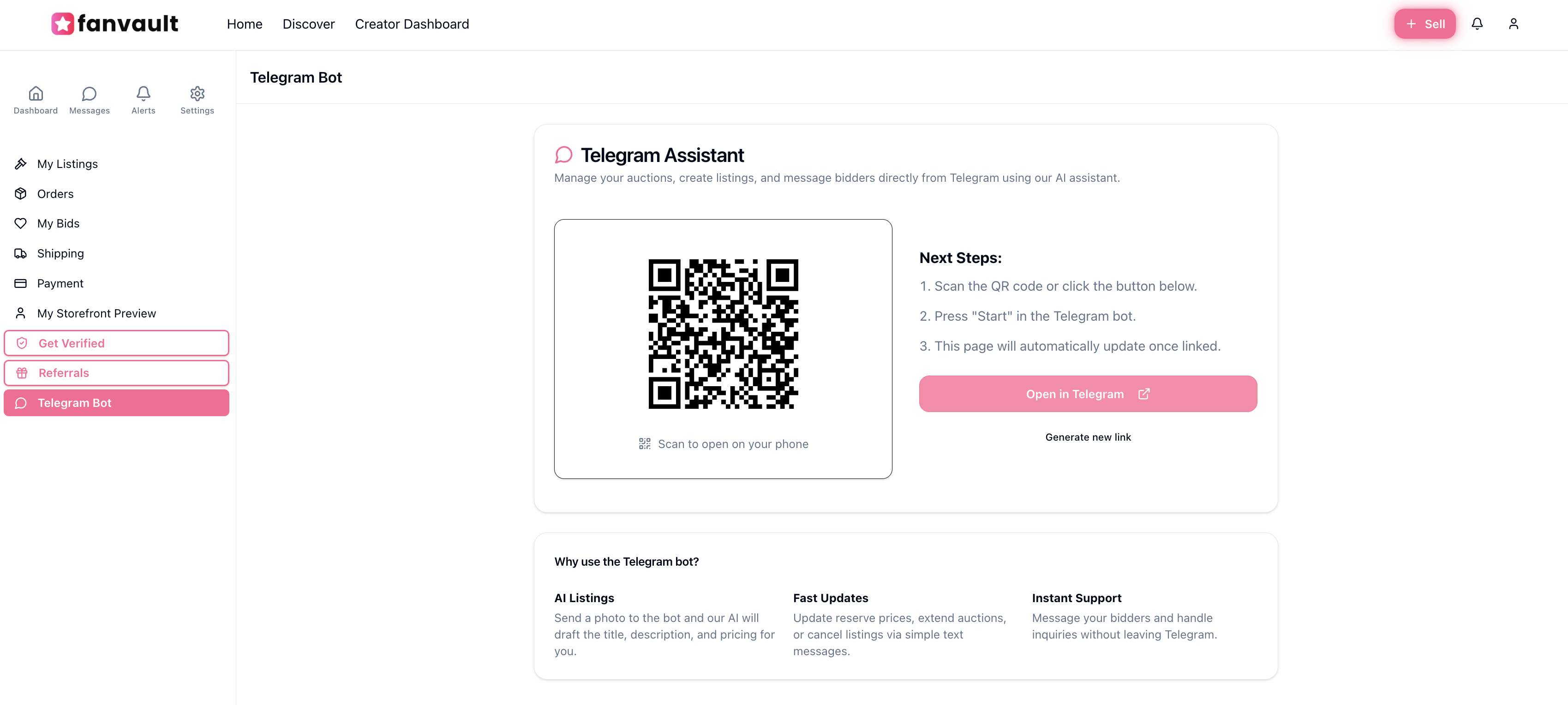 FanVault Creator Dashboard showing Telegram Bot QR code and Open in Telegram button