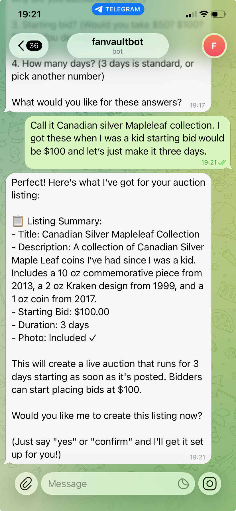 fanvaultbot showing listing summary and asking for confirmation before publishing