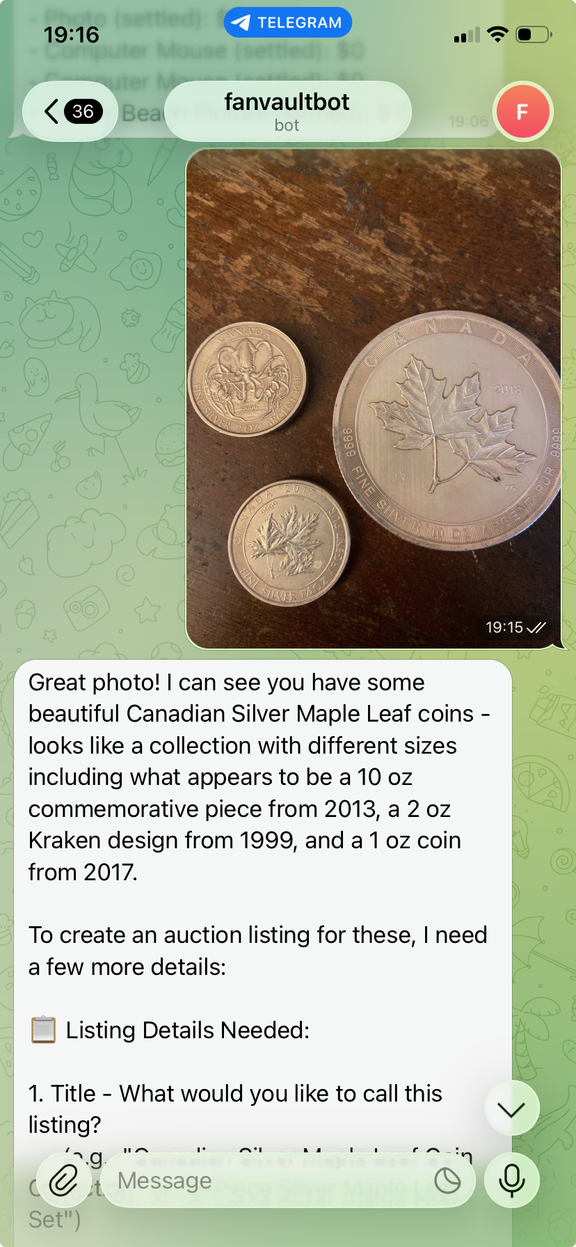fanvaultbot on Telegram identifying a Canadian Silver Maple Leaf coin collection from a photo