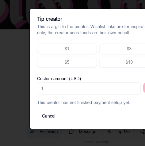 FanVault tip dialog showing preset amounts and custom amount input