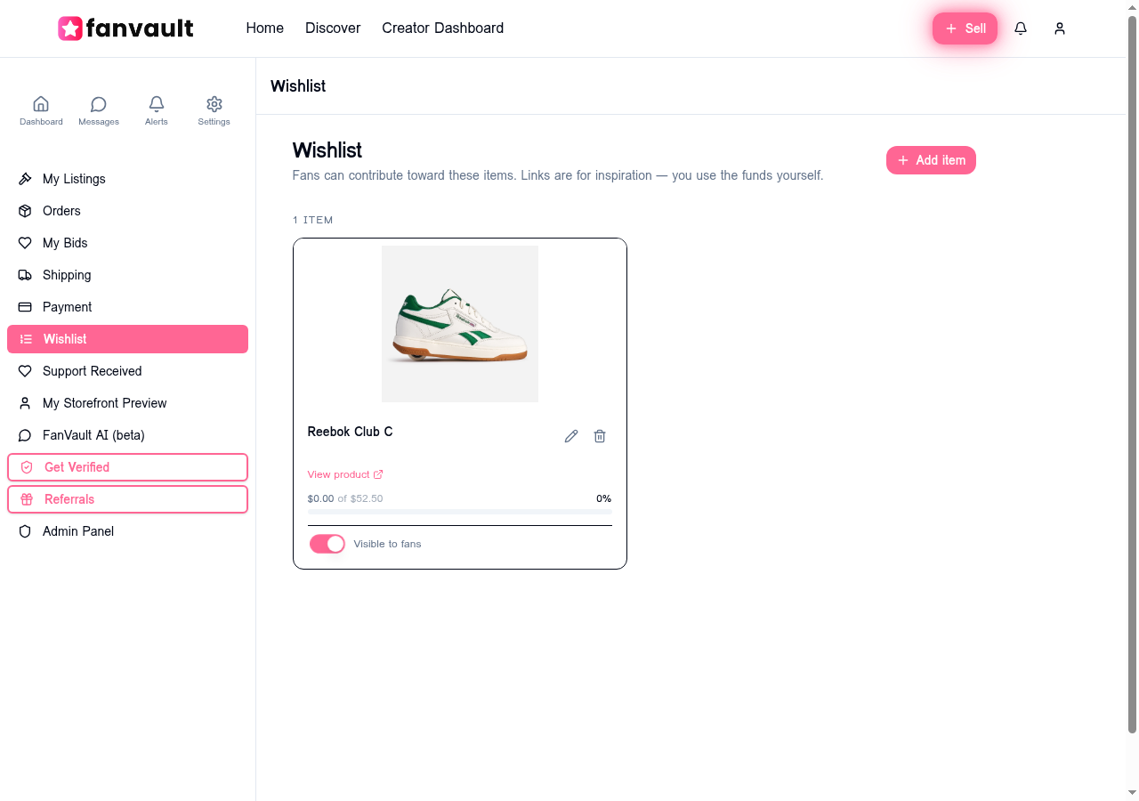 FanVault wishlist manager showing items with progress bars and visibility toggles