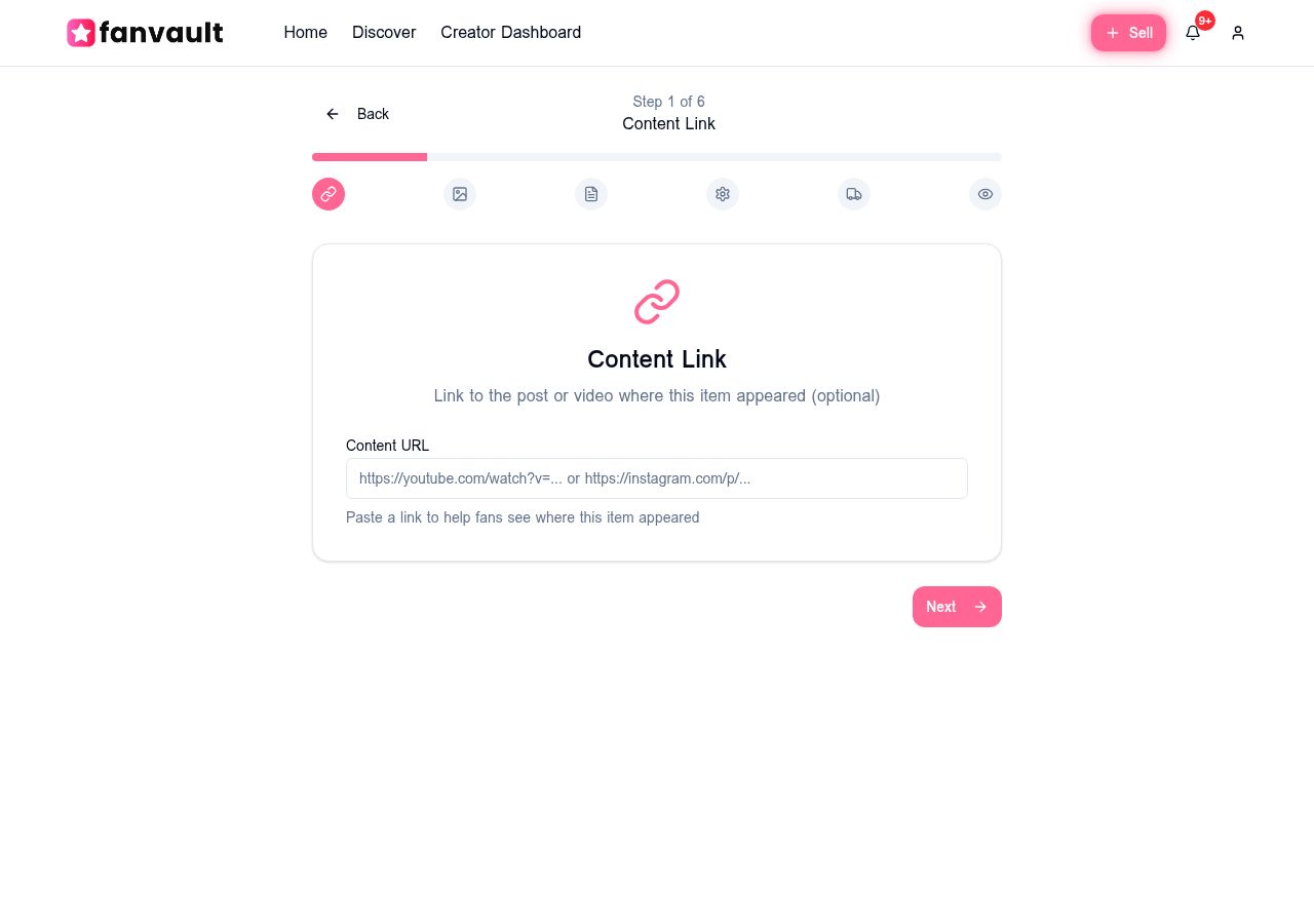 Step 1 of 6: Content Link — paste a YouTube or Instagram URL