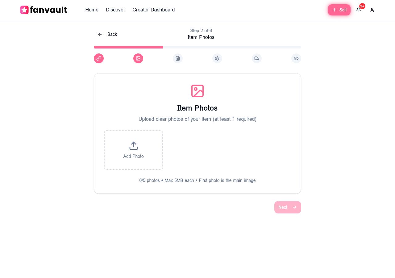 Step 2 of 6: Item Photos — upload up to 5 photos, first is main image