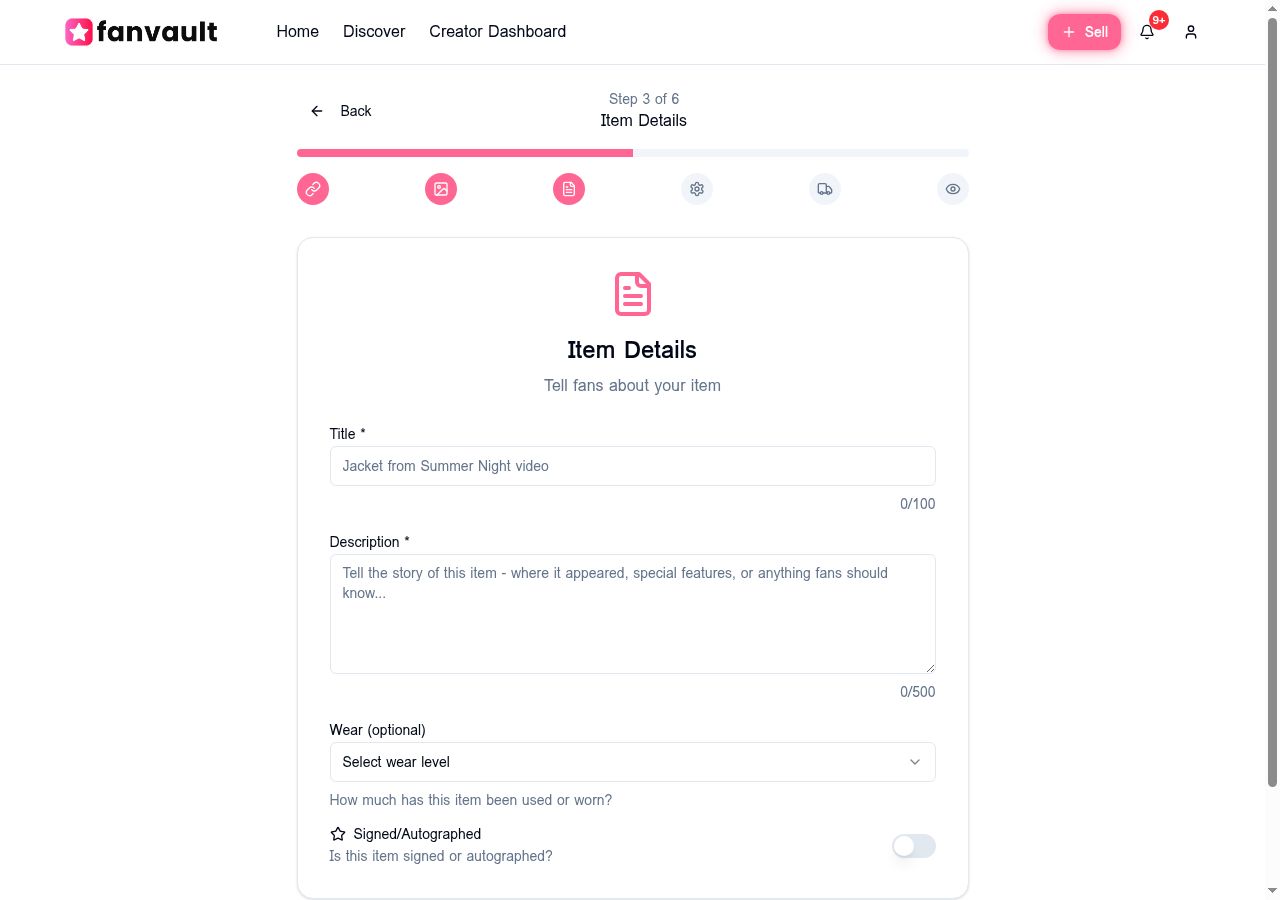 Step 3 of 6: Item Details — title, description, wear level, signed toggle